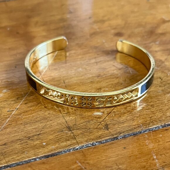 Rustic Cuff Laugh Often Enamel and Goldtone Bangle Cuff Bracelet - Picture 5 of 7